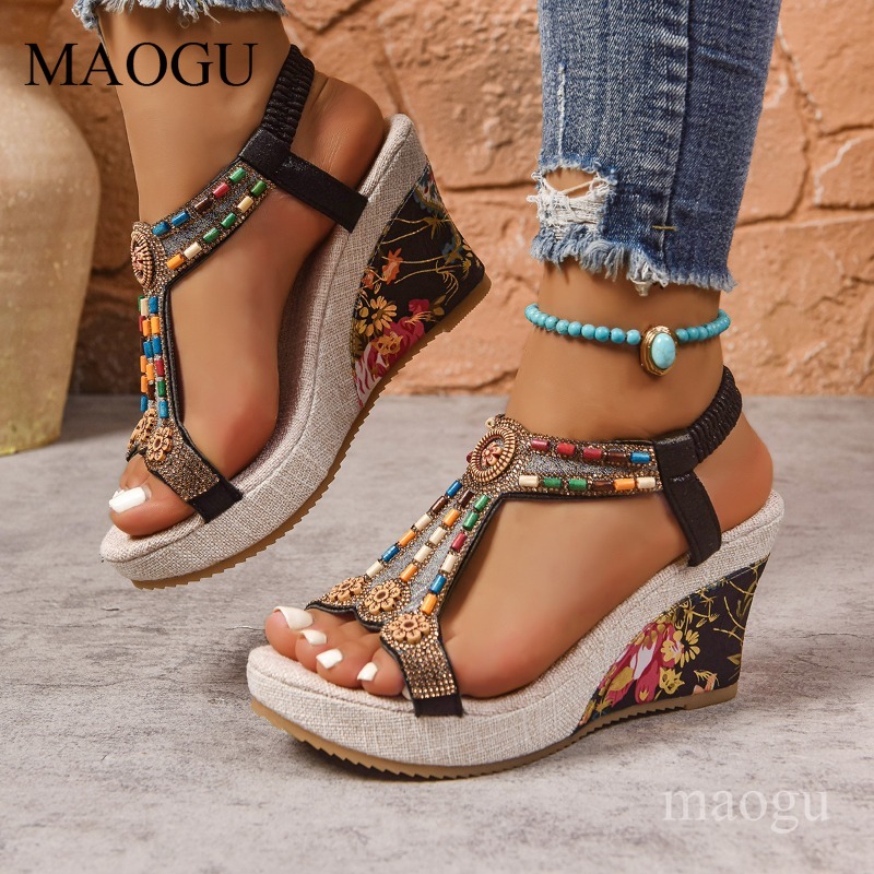 Ethnic Fashion Women - Sandali con Zeppa Floreali Boho da